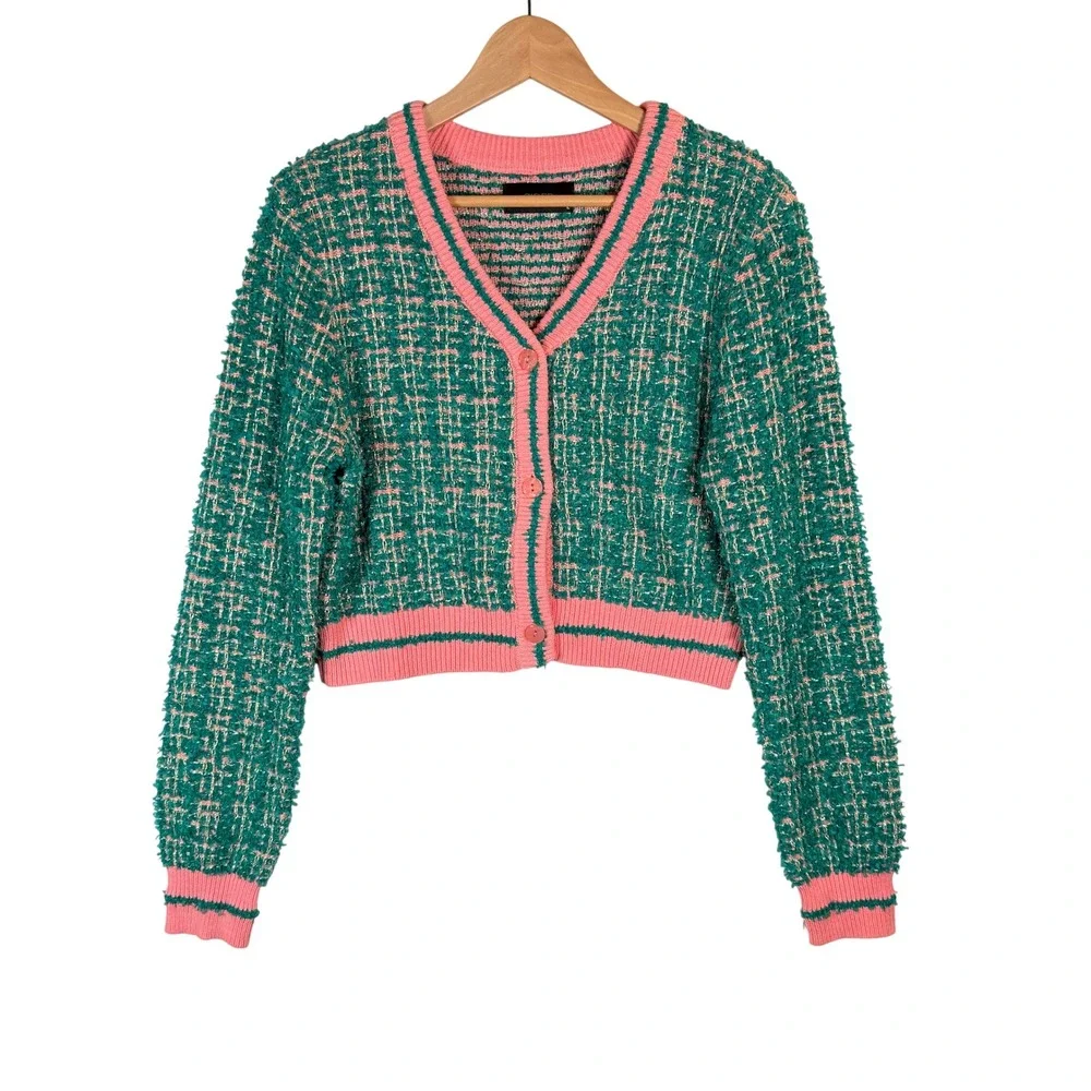 Cider Green Pink Tweed Boucle Cropped Cardigan Sweater Metallic Gold Size L